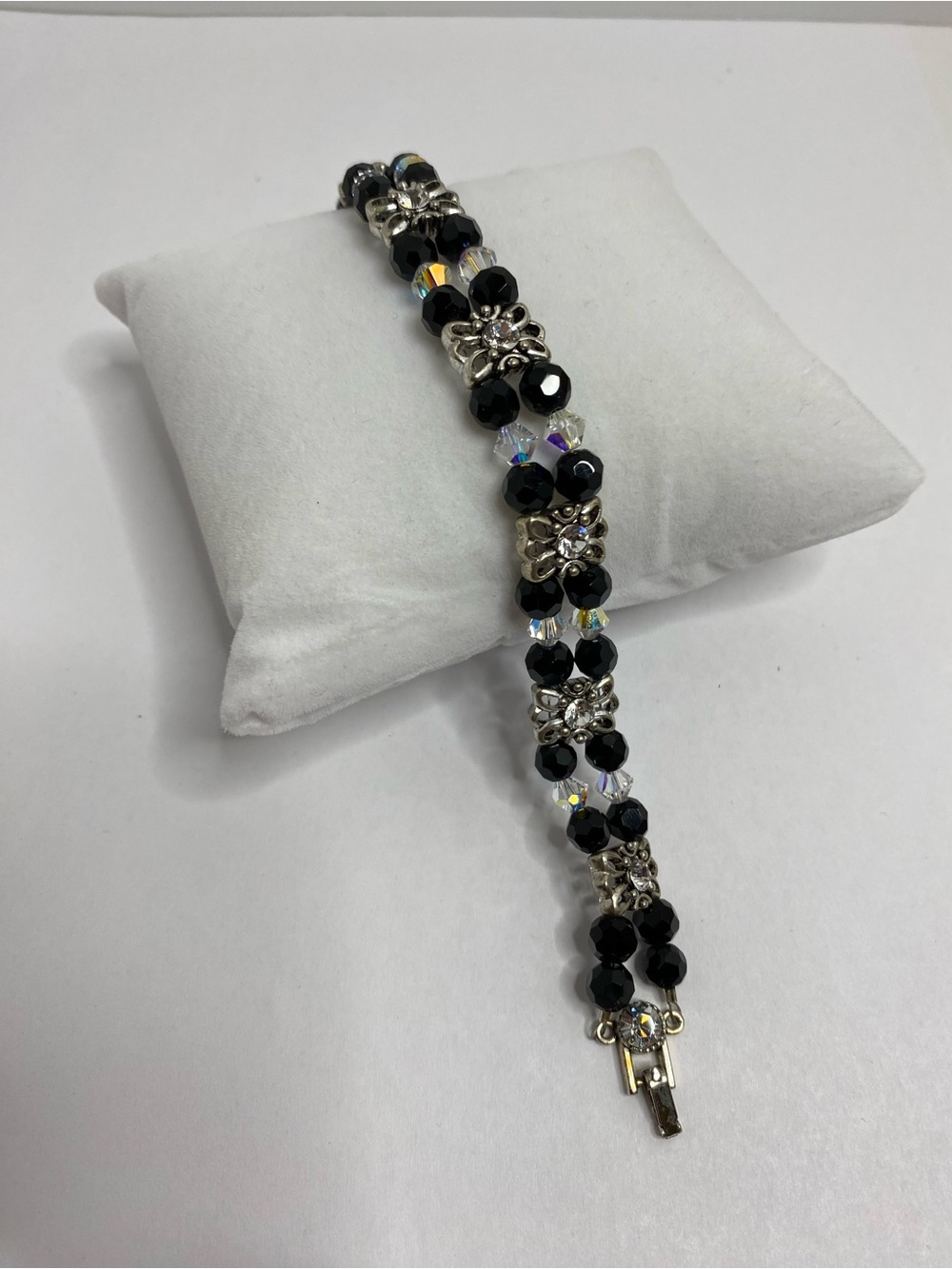 Vintage Black Faceted Bead Bracelet AB Crystal Rhinestone Silver Tone